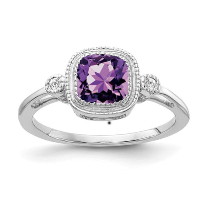 Solid 14k White Gold Cushion Simulated Amethyst and CZ Ring