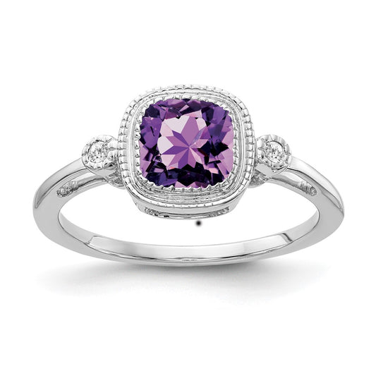 Solid 14k White Gold Cushion Simulated Amethyst and CZ Ring