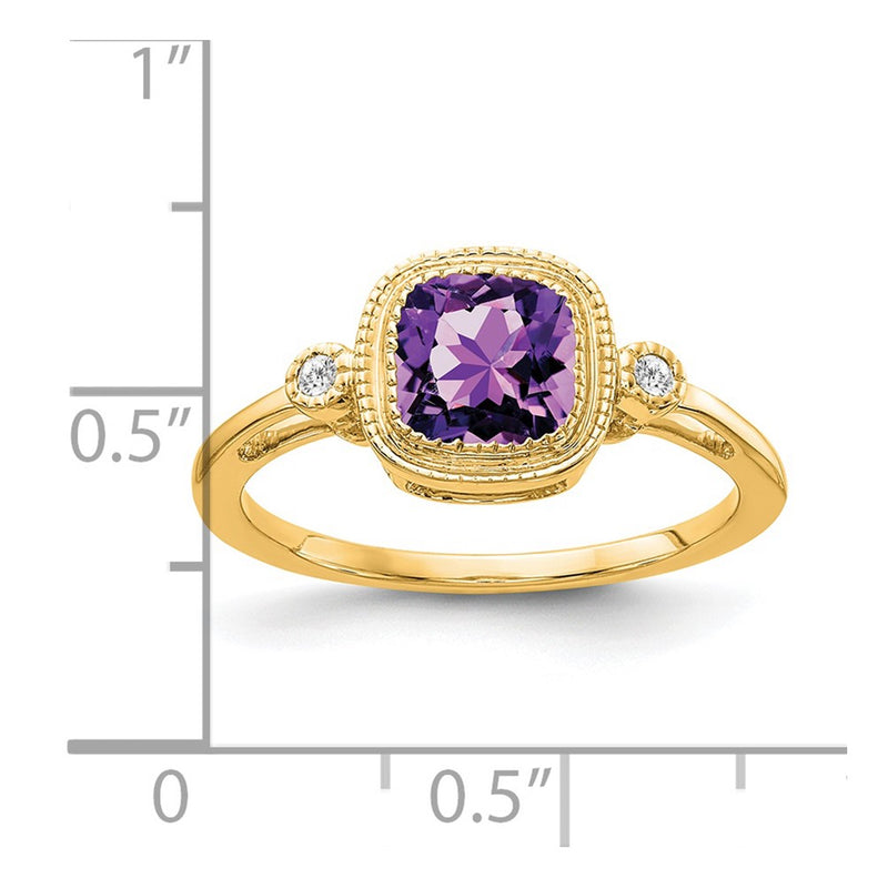 14K Yellow Gold Cushion Amethyst and Real Diamond Ring