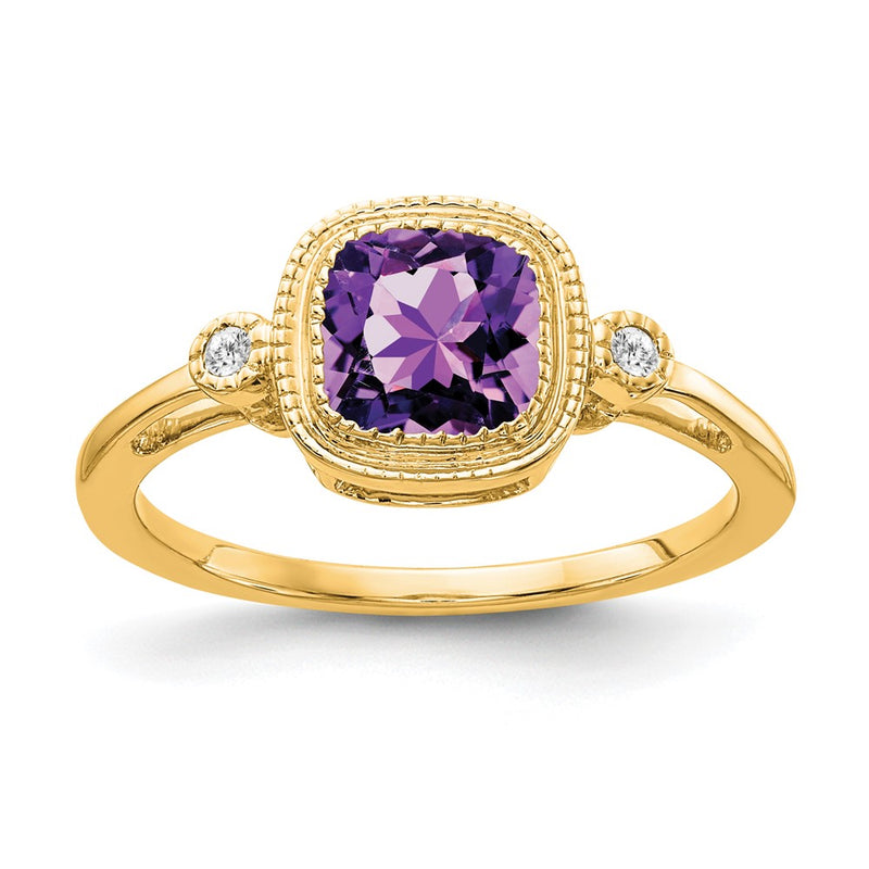 14K Yellow Gold Cushion Amethyst and Real Diamond Ring