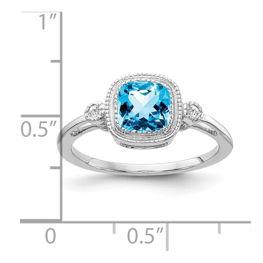 14k White Gold Cushion Blue Topaz and Real Diamond Ring