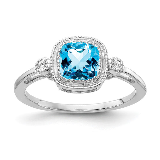 Solid 14k White Gold Cushion Simulated Blue Topaz and CZ Ring