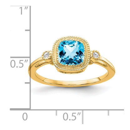 14K Yellow Gold Cushion Blue Topaz and Real Diamond Ring