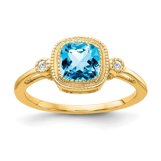 Solid 14k Yellow Gold Cushion Simulated Blue Topaz and CZ Ring