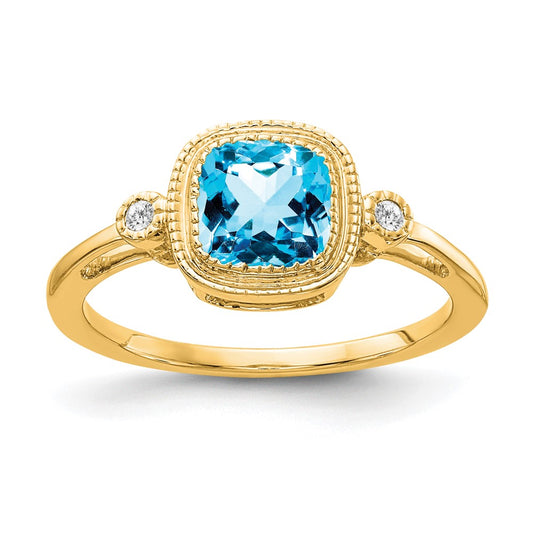 14K Yellow Gold Cushion Blue Topaz and Real Diamond Ring