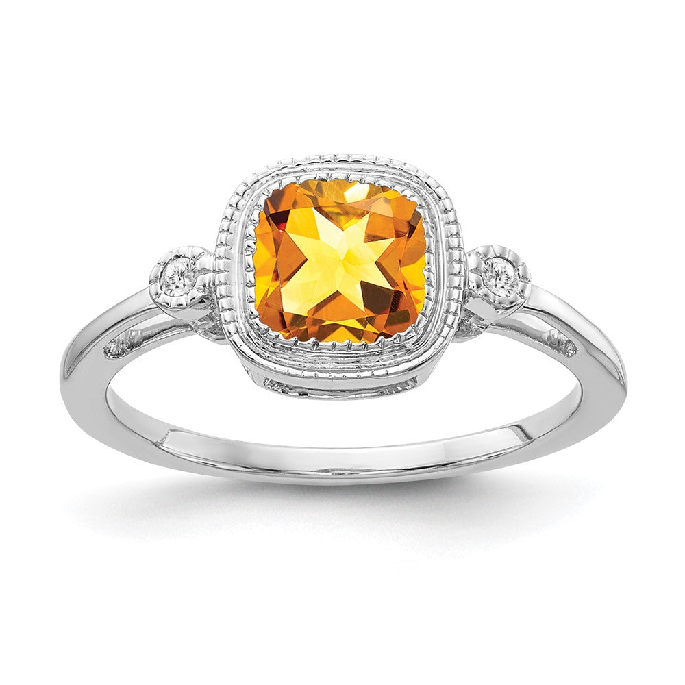 14k White Gold Cushion Citrine and Real Diamond Ring