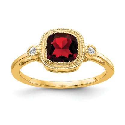 Solid 14k Yellow Gold Cushion Simulated Garnet and CZ Ring