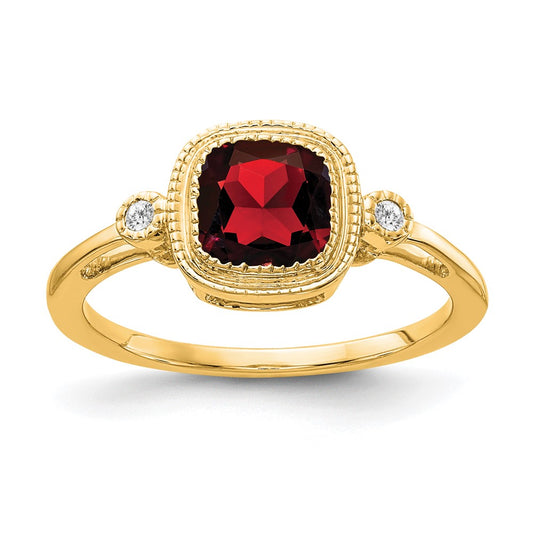 Solid 14k Yellow Gold Cushion Simulated Garnet and CZ Ring