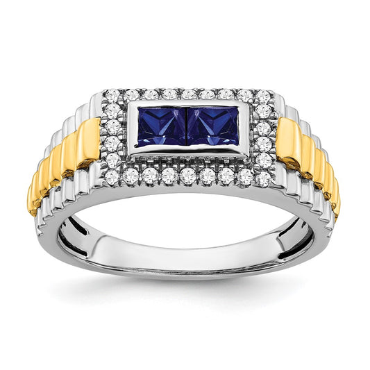 Solid 14k Two-tone Simulated Sapphire and CZ Mens Ring