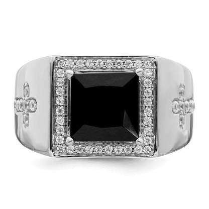 14k White Gold Onyx and Real Diamond Cross Mens Ring