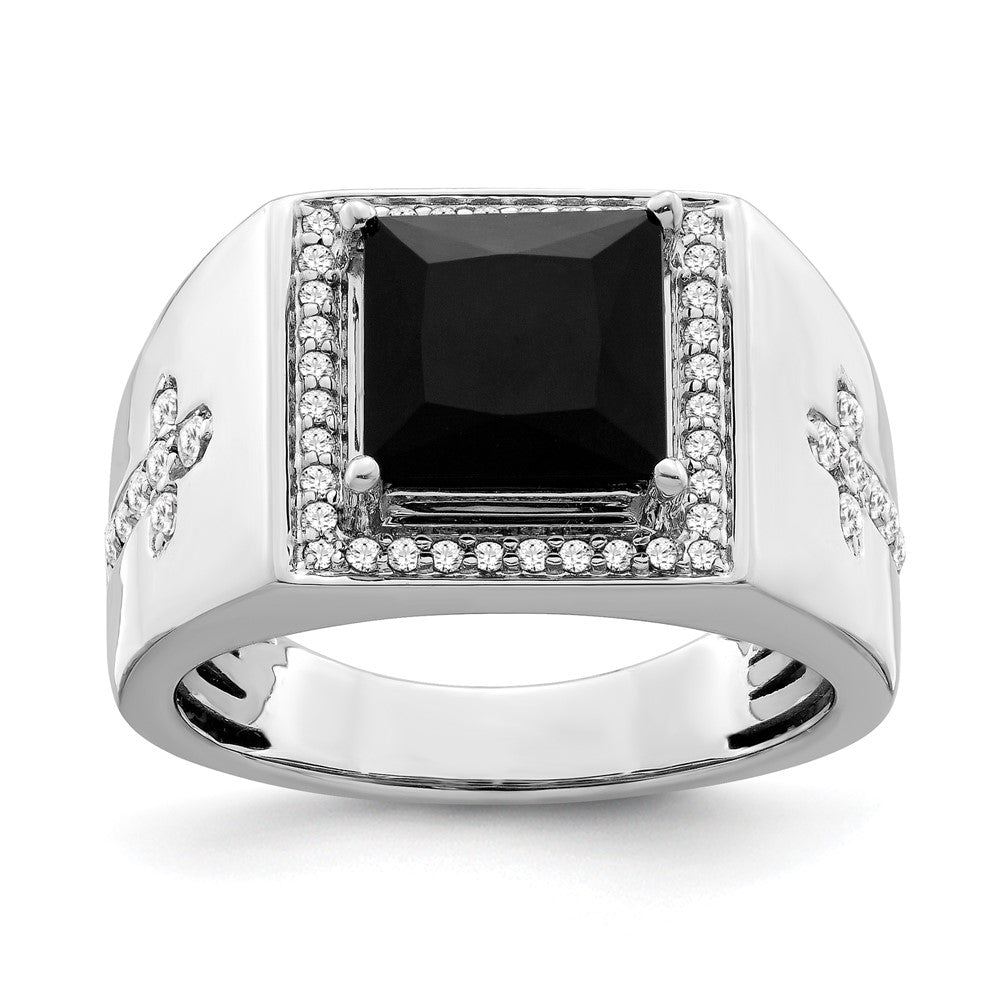 大きな割引 Solid 14k White Gold Simulated Onyx and CZ Cross Mens Ring ベビージム