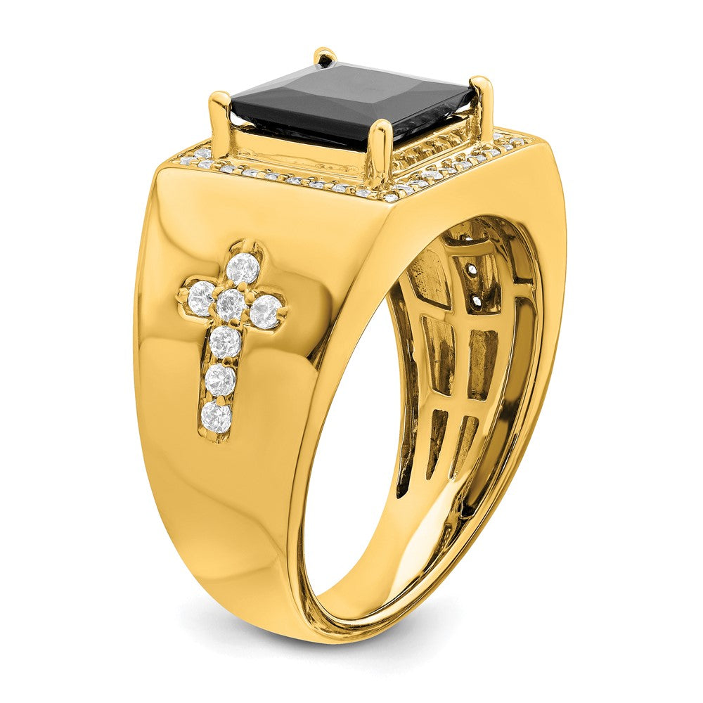 14K Yellow Gold Onyx and Real Diamond Cross Mens Ring