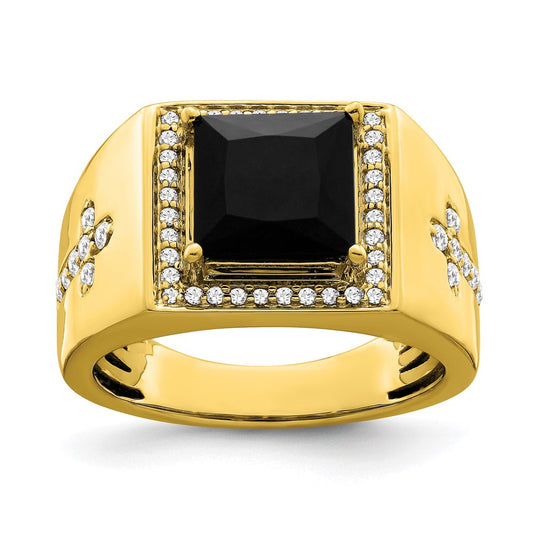 14K Yellow Gold Onyx and Real Diamond Cross Mens Ring