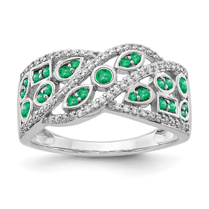14k White Gold Real Diamond & Emerald Fancy Ring