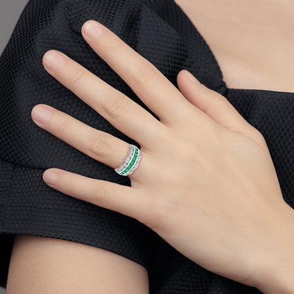 14k White Gold Real Diamond and Emerald Fancy Ring