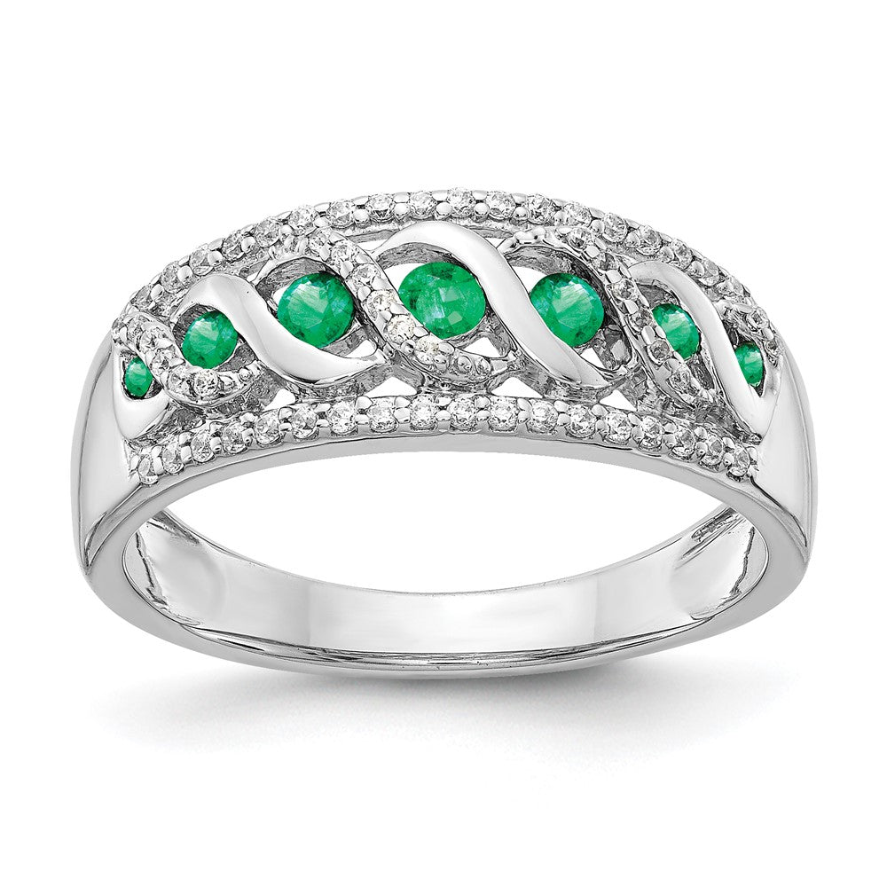 14k White Gold Real Diamond and Emerald Fancy Twist Ring