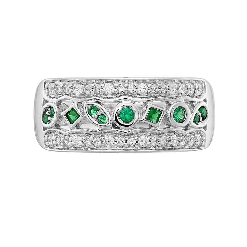 14k White Gold Real Diamond & Emerald Fancy Ring