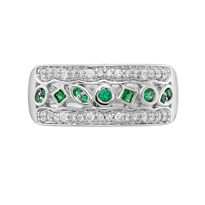 14k White Gold Real Diamond & Emerald Fancy Ring