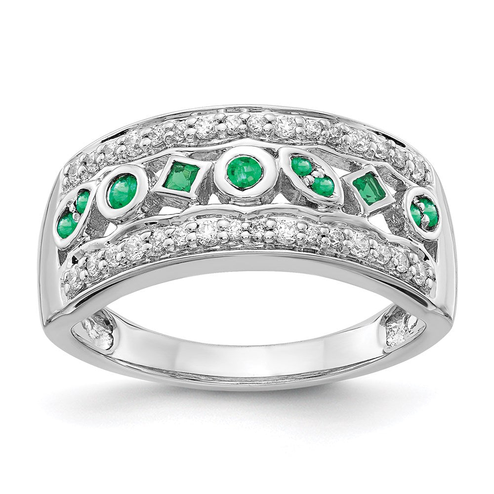 14k White Gold Real Diamond & Emerald Fancy Ring