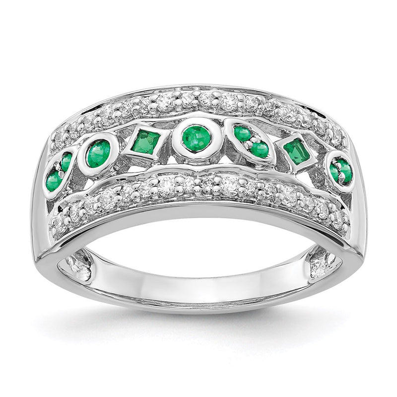 14k White Gold Real Diamond & Emerald Fancy Ring
