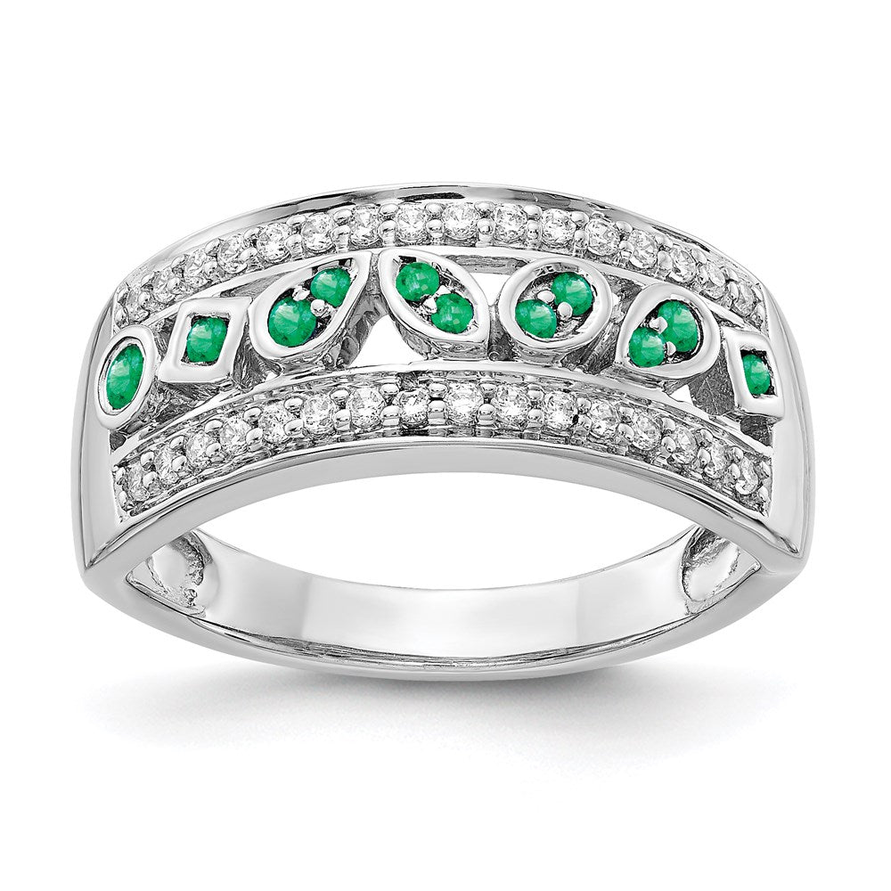 14k White Gold Real Diamond & Emerald Fancy Ring