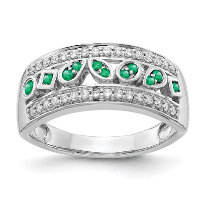 14k White Gold Real Diamond & Emerald Fancy Ring