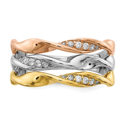 14k Tri-color Gold Real Diamond Fancy Triple Twist Ring