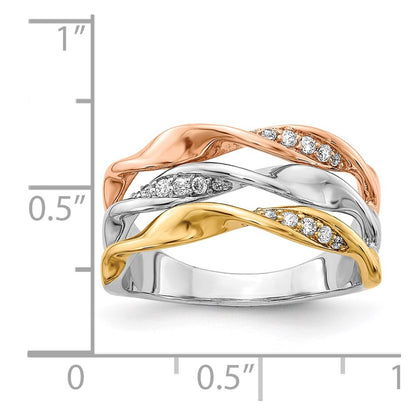 14k Tri-color Gold Real Diamond Fancy Triple Twist Ring