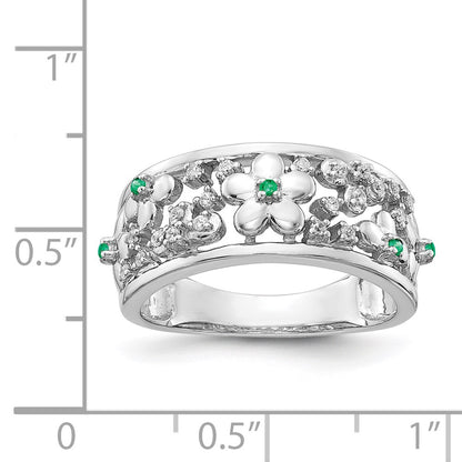 14k White Gold Real Diamond and Emerald Flower Ring