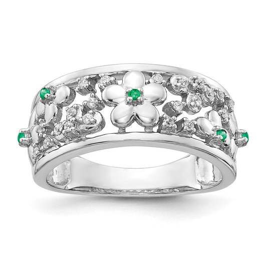 14k White Gold Real Diamond and Emerald Flower Ring