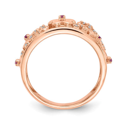14k Rose Gold Real Diamond and Ruby Flower Ring