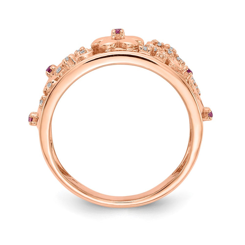 14k Rose Gold Real Diamond and Ruby Flower Ring
