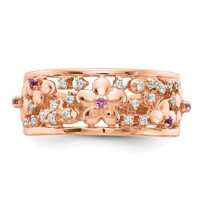 14k Rose Gold Real Diamond and Ruby Flower Ring