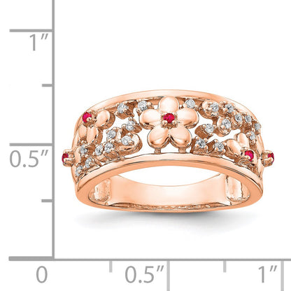 14k Rose Gold Real Diamond and Ruby Flower Ring