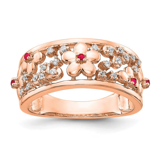 14k Rose Gold Real Diamond and Ruby Flower Ring
