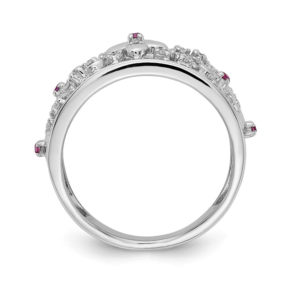 14k White Gold Real Diamond and Ruby Flower Ring