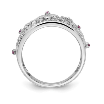 Solid 14k White Gold Simulated CZ and Ruby Flower Ring