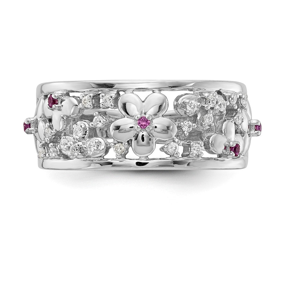 14k White Gold Real Diamond and Ruby Flower Ring