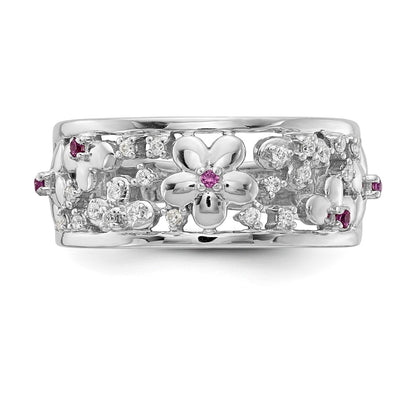 Solid 14k White Gold Simulated CZ and Ruby Flower Ring