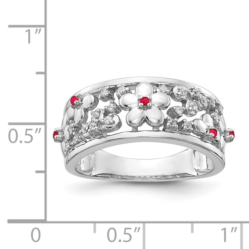 14k White Gold Real Diamond and Ruby Flower Ring