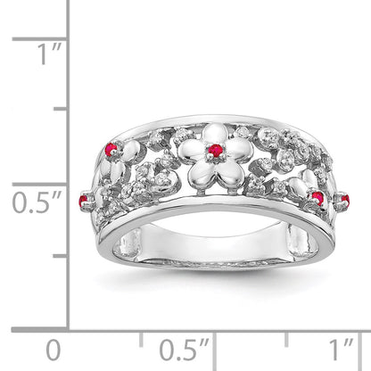 14k White Gold Real Diamond and Ruby Flower Ring