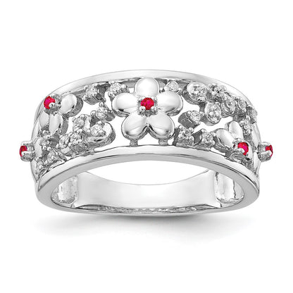 14k White Gold Real Diamond and Ruby Flower Ring