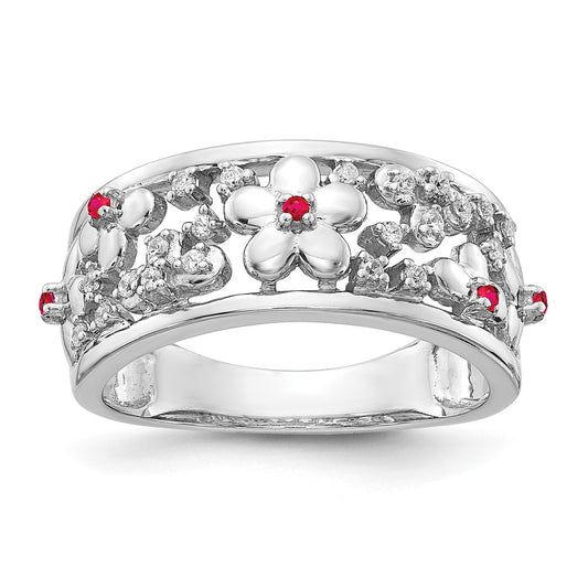 Solid 14k White Gold Simulated CZ and Ruby Flower Ring