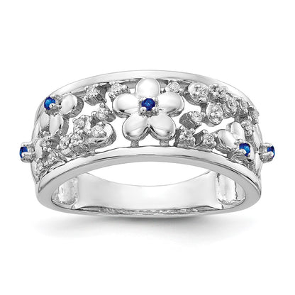 14k White Gold Real Diamond and Sapphire Flower Ring