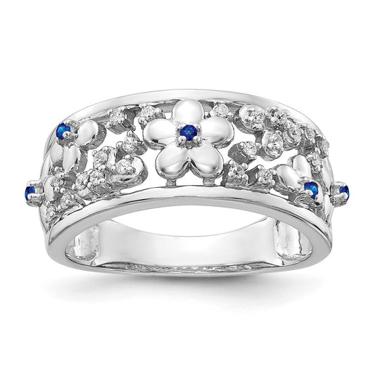 Solid 14k White Gold Simulated CZ and Sapphire Flower Ring