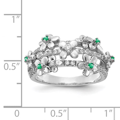 14k White Gold Real Diamond and Emerald Flower Ring