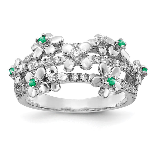 Solid 14k White Gold Simulated CZ and Emerald Flower Ring