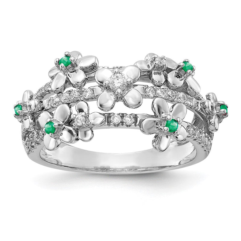14k White Gold Real Diamond and Emerald Flower Ring