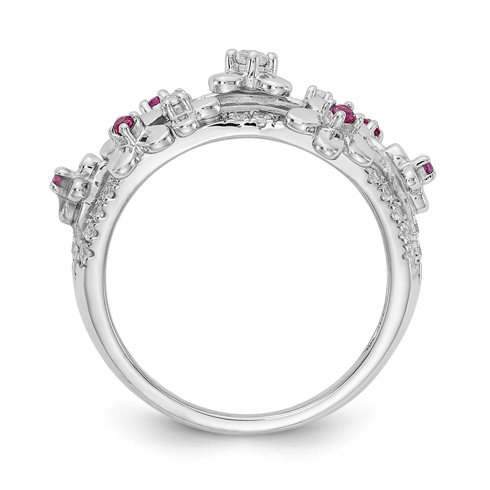 14k White Gold Real Diamond & Ruby Flower Ring