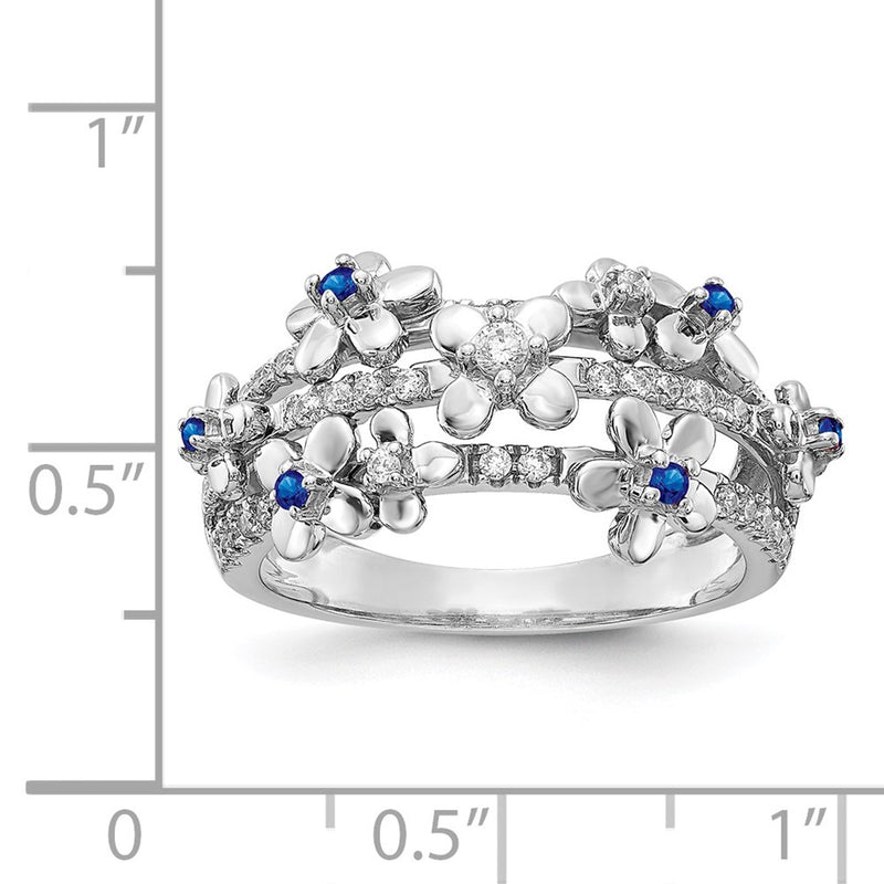 14k White Gold Real Diamond and Sapphire Flower Ring
